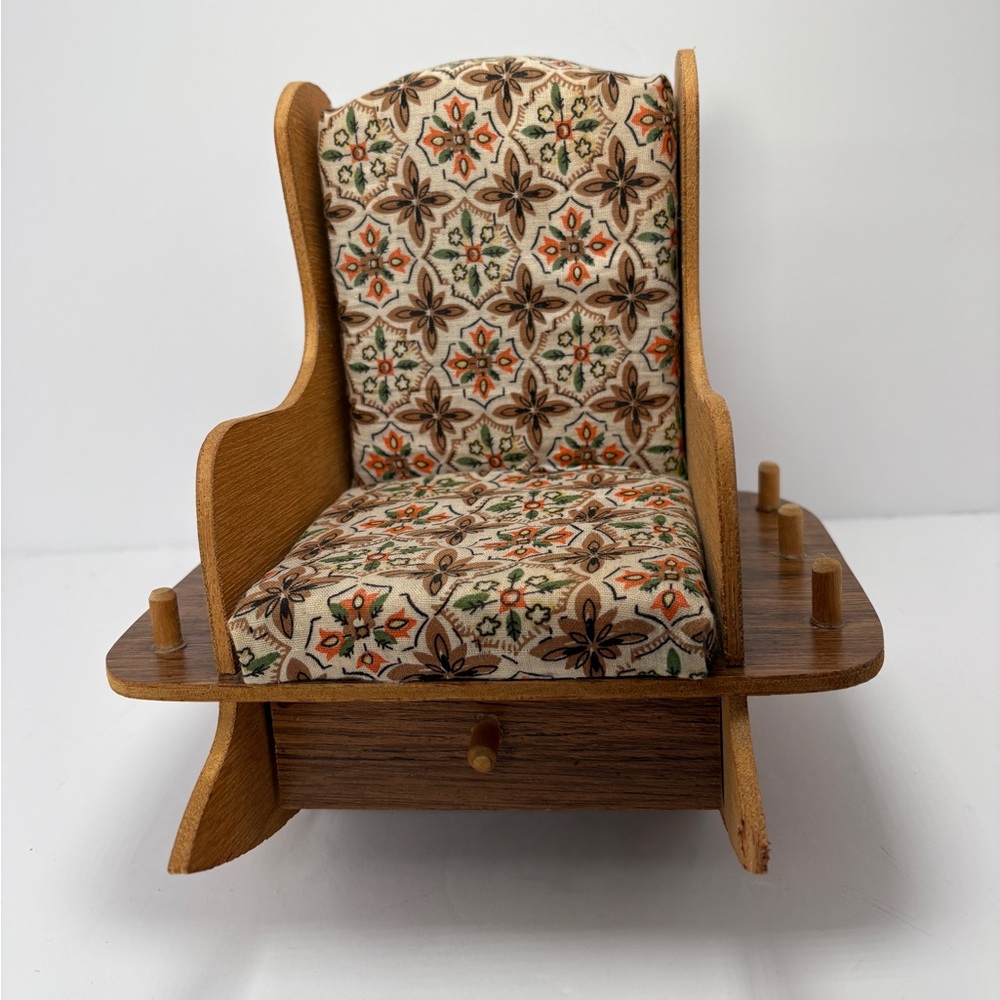 Vtg Wood Rocking Chair Pin Cushion w/ Drawer Holds Spools Thread Sewing Notions - Picture 2 of 12
